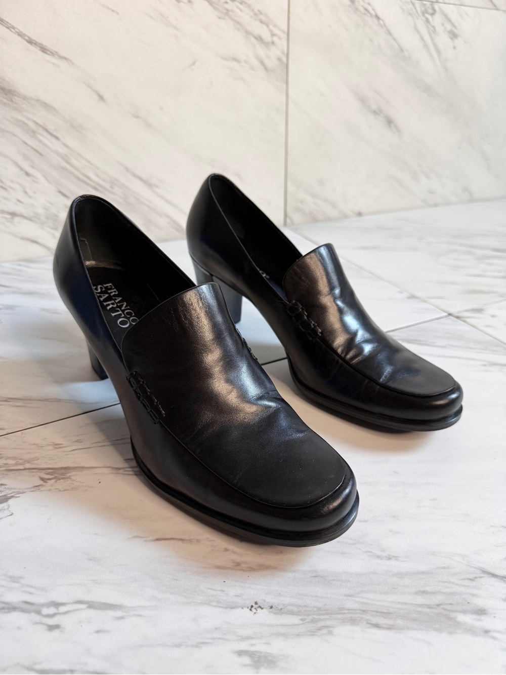 Franco Sarto Black Leather Block Heel Loafers Womens 7M Slip On Pumps - Picture 7 of 9